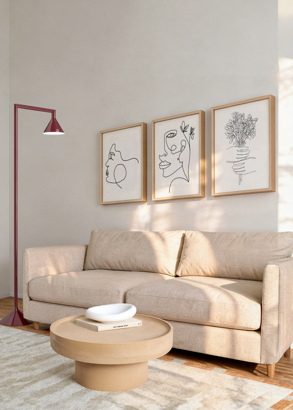 Conjunto de tres cuadros decorativos de estilo minimalista y blanco_y_negro, rostros y flores en trazo continuo, modelo Three Combo - Sketch
