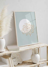 decoración con cuadros, ideas - lamina decorativa de coral sobre fondo azul cielo, cuadro de playa, mar, nordico