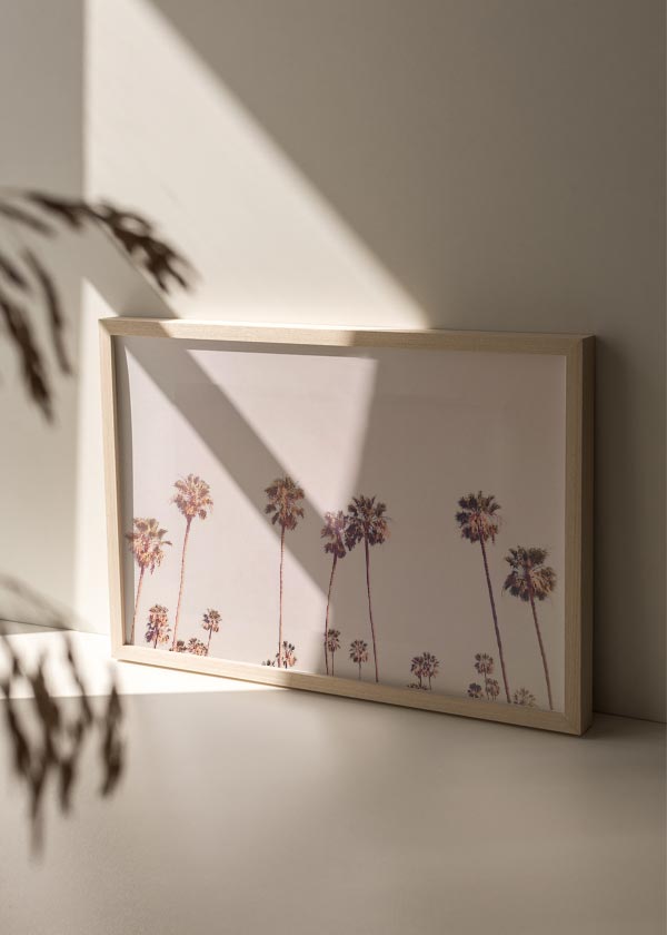 Horizontales Wandbild mit hohen Palmen vor rosa-beigem Himmel, warmen Farbtönen, heller Komposition und sanftem fotografischem Stil mit kalifornischer Küstenwirkung. Erhältlich auf kudeko.com