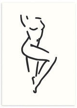 Gerahmtes Wandbild mit weiblicher Silhouette in schwarzen Linien auf weißem Hintergrund, schlichte Komposition, minimalistische Ästhetik und moderne Gestaltung für ruhige Wohnräume. Erhältlich auf kudeko.com