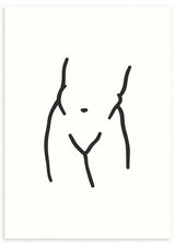 Gerahmtes Wandbild mit weiblicher Silhouette in feinen schwarzen Linien auf cremeweißem Hintergrund, klare Komposition, minimalistischer Stil und moderne Wandgestaltung. Erhältlich auf kudeko.com