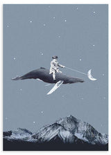 lámina decorativa collage vintage de niño sobre ballena tirando de la luna - kudeko