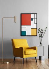 Cuadro con composición geométrica de rectángulos rojos, blancos, azul petróleo y amarillo mostaza, con líneas negras marcadas y estilo geométrico. Disponible en kudeko.com