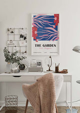 Decoración con cuadros, ideas - lámina decorativa moderna de flores en tonos rosas y rojos, con fondo azul, ilustración