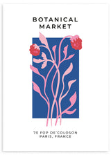 lámina decorativa de ilustración de flor en tonos rosas y azules. botanical market.