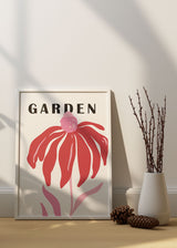 Decoración con cuadros, ideas - lámina decorativa de flor roja y rosa con palabra "garden". Ilustración moderna de flor.