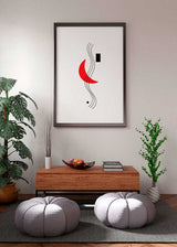 Cuadro con líneas negras onduladas, media luna roja, rectángulo y punto negros sobre fondo blanco, de estilo abstracto. Disponible en kudeko.com