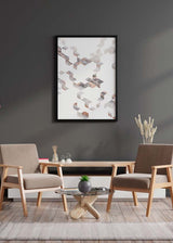 Tableau avec cubes géométriques dispersés en blanc, gris doux, beige et terracotta, au style abstrait moderne et à la composition épurée. Disponible sur kudeko.com