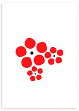 Gerahmtes Wandbild mit roten Blumen in runden Formen, weißem Hintergrund, kleinen schwarzen Zentren und modernem minimalistischem Stil, klar und elegant gestaltet. Erhältlich auf kudeko.com