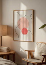 Quadro abstrato com linhas pretas curvas, grande círculo rosa-pó, forma orgânica coral, fundo branco e estilo contemporâneo clean. Disponível em kudeko.com