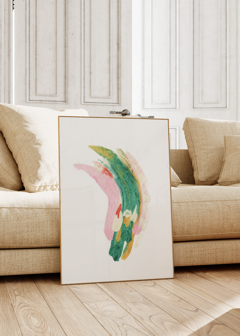 Wandbild mit abstrakten geschwungenen Formen in Smaragdgrün, Altrosa, Beige und Senfgelb auf weißem Hintergrund, in einem leichten und zeitgemäßen abstrakten Stil. Erhältlich auf kudeko.com