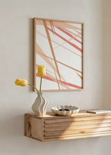 Tableau abstrait avec lignes diagonales superposées en blanc, terracotta, beige, sable et rose poudré, au style moderne, léger et apaisant. Disponible sur kudeko.com