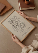 Tableau avec visages abstraits superposés, trait noir continu sur fond beige clair, composition moderne au style minimaliste et lignes épurées. Disponible sur kudeko.com