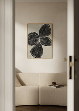 Cuadro decorativo de estilo minimalista y abstracto colocado en salón, flor abstracta en blanco y negro, modelo Mysterious Flower I