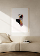 Tableau encadré avec formes organiques superposées en noir, beige, gris taupe, moutarde et bordeaux sur fond clair, dans un style minimaliste et contemporain. Disponible sur kudeko.com