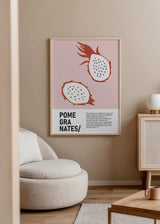 Quadro com duas romãs estilizadas em vermelho terracota, branco e preto sobre fundo rosa suave, composição gráfica com tipografia editorial e estilo de ilustração contemporâneo. Disponível em kudeko.com