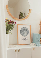 Cuadro decorativo de estilo minimalista y blanco_y_negro colocado en dormitorio, lámina romántica de la luna personalizada, modelo Moon