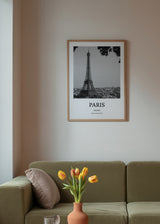 Cuadro decorativo de estilo minimalista y blanco_y_negro colocado en salón, Fotografía en blanco y negro de París con la Torre Eiffel, modelo Cuadro París