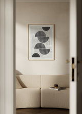 Cuadro decorativo de estilo minimalista y blanco_y_negro colocado en salón, composición geométrica retro en blanco y negro, modelo Retro Modern