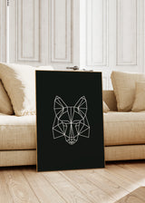 Tableau avec visage de renard en lignes géométriques blanches sur fond noir, composition symétrique noir et blanc au style moderne et épuré. Disponible sur kudeko.com