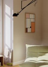 Tableau encadré à composition géométrique avec rectangles blancs, rose poudré, orange chaud, brun terre cuite, accent bordeaux et lignes noires épaisses, dans un style moderne équilibré. Disponible sur kudeko.com