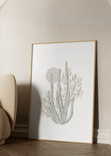 Tableau encadré avec corail marin blanc, branches beige sable, cercle rose poudré, fond clair et style minimaliste épuré pour décoration murale. Disponible sur kudeko.com