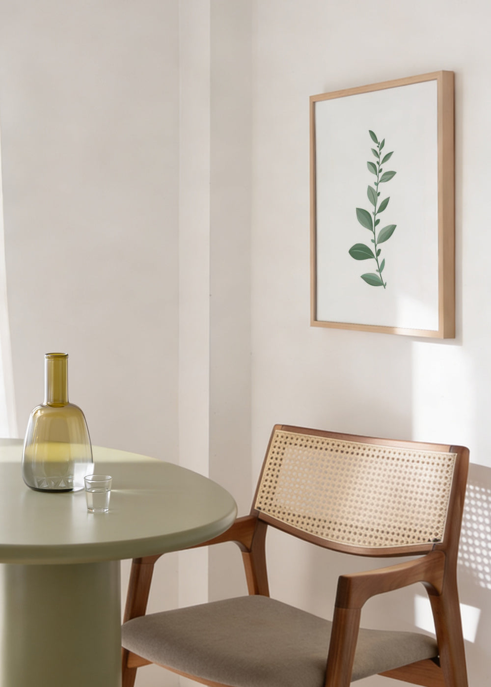 Cuadro decorativo de estilo minimalista y nórdico colocado en salón, rama decorativa con hojas verdes, modelo Rama & Hojas I