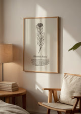 Wandbild mit linearer botanischer Illustration von Rhodiola Rosea in Schwarz auf gebrochen weißem Hintergrund, mit schlichtem minimalistischem Stil. Erhältlich auf kudeko.com