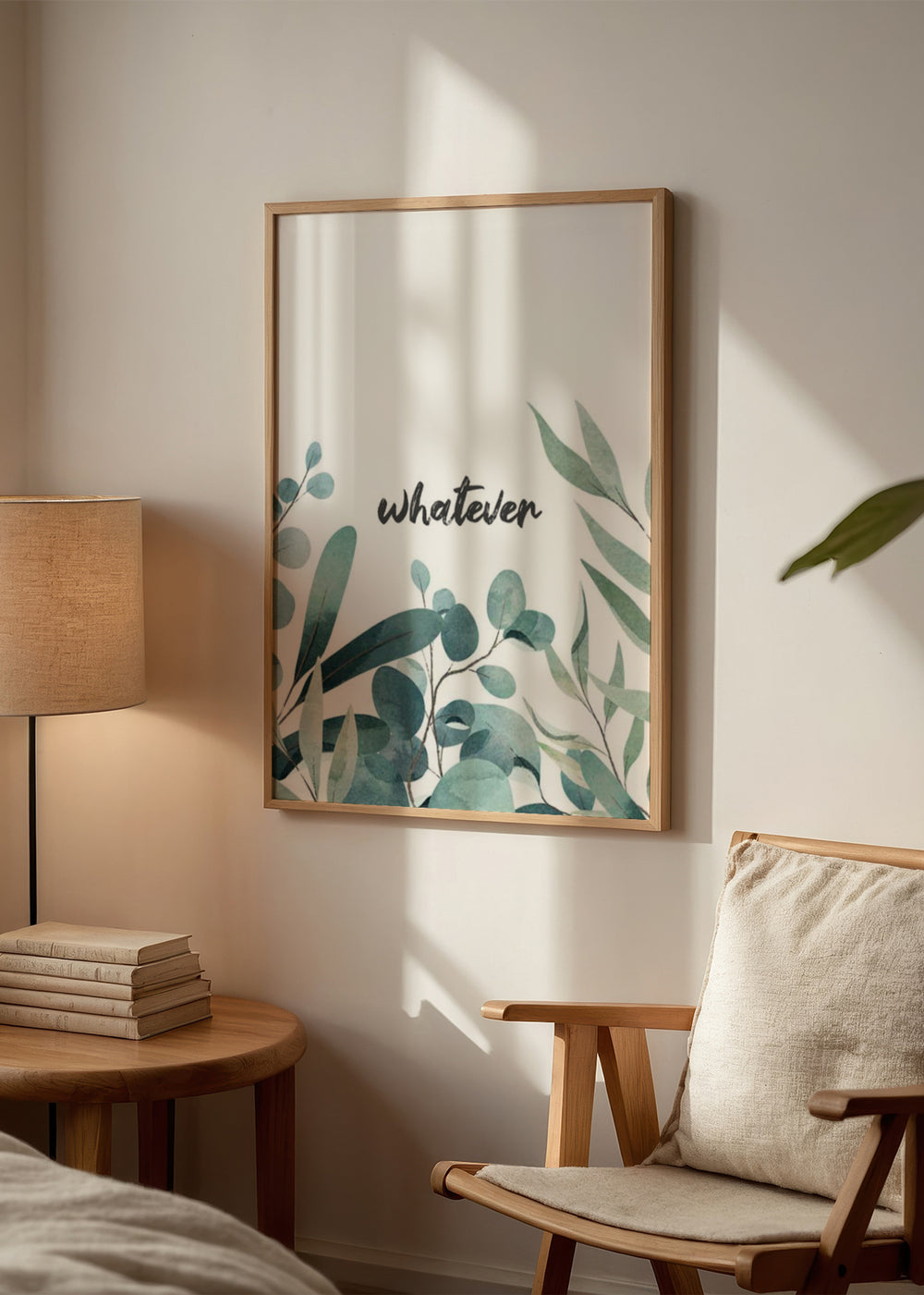 Cuadro decorativo de estilo minimalista y orgánico colocado en dormitorio, Lámina botánica con frase relajada, modelo Whatever