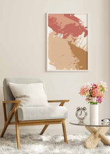 Cuadro con composición abstracta de manchas amplias en terracota, rosa empolvado, beige arena y marrón caramelo sobre fondo blanco, de estilo abstracto. Disponible en kudeko.com