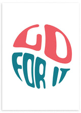 lámina decorativa con frase "Go For It" en tonos azul y rojo con fondo blanco. Ilustración pop art