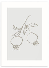 Cuadro de dos granadas colgando de una rama con hojas, en tonos gris topo sobre fondo claro, de estilo minimalista. Disponible en kudeko.com