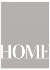Cuadro con la palabra HOME en letras blancas grandes sobre fondo beige grisáceo liso, composición limpia de estilo con frases. Disponible en kudeko.com