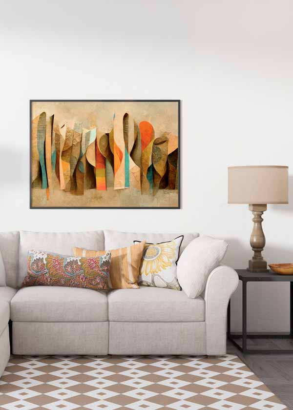Cuadro horizontal con formas abstractas alargadas y curvas superpuestas en beige, ocre, marrón, azul turquesa y naranja, de estilo abstracto. Disponible en kudeko.com