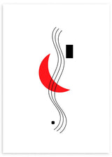 Cuadro con líneas negras onduladas, media luna roja, rectángulo y punto negros sobre fondo blanco, de estilo abstracto. Disponible en kudeko.com