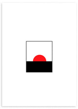 Tableau encadré avec soleil rouge semi-circulaire, bande noire, fond blanc, lignes épurées et contraste rouge noir blanc au style minimaliste élégant. Disponible sur kudeko.com