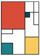 Cuadro con composición geométrica de rectángulos rojos, blancos, azul petróleo y amarillo mostaza, con líneas negras marcadas y estilo geométrico. Disponible en kudeko.com