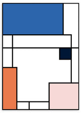 Wandbild mit geometrischer Komposition aus kräftigem Blau, Weiß, Orange, Altrosa und Marineblau, markanten schwarzen Linien und modernem Bauhaus Stil. Erhältlich auf kudeko.com