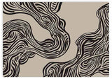 Horizontales Wandbild mit organischen geschwungenen schwarzen Formen auf beigem Hintergrund, fließenden Linien, abstrakter Gestaltung und elegantem Kontrast für moderne Räume. Erhältlich auf kudeko.com