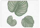 Horizontales Wandbild mit drei großen tropischen Blättern in Salbeigrün auf weißem Hintergrund, hellen Blattadern, ausgewogener botanischer Komposition und modernem Naturstil. Erhältlich auf kudeko.com