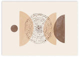 Cuadro horizontal con semicírculos beige, crema y marrón, composición geométrica orgánica con círculos punteados centrales y estética abstracta serena. Disponible en kudeko.com