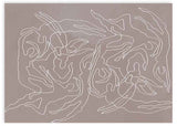 Horizontales Wandbild mit Schwimmersilhouetten in weißen Linien auf taupefarbenem Hintergrund, fließende Komposition im abstrakten Stil mit ruhiger Wirkung als gerahmte Wanddekoration. Erhältlich auf kudeko.com