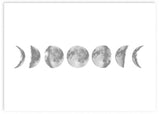 Quadro horizontal com sequência de fases lunares em tons de cinzento sobre fundo branco, composição simétrica, limpa e minimalista de estilo contemporâneo. Disponível em kudeko.com