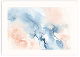 Cuadro horizontal con paisaje abstracto en tonos azul empolvado, blanco y rosa melocotón, de composición suave y estilo abstracto. Disponible en kudeko.com