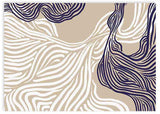 Quadro horizontal com formas abstratas de linhas onduladas em branco, bege e azul-marinho, composição fluida de estilo abstrato para decoração de parede contemporânea. Disponível em kudeko.com