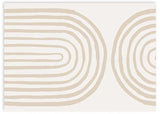 Quadro horizontal com dois arcos concêntricos em bege claro sobre fundo branco quebrado, composição abstrata de linhas suaves e estilo minimalista depurado. Disponível em kudeko.com