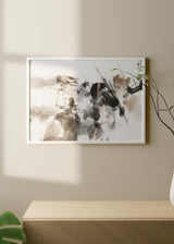 Horizontales Wandbild mit abstrakter Komposition in Schwarz, Grau und Beige auf hellem Hintergrund, breiten Linien, weichen Formen und modernem Stil. Erhältlich auf kudeko.com