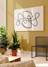 Quadro horizontal com linhas pretas contínuas entrelaçadas, formas curvas abstratas, fundo bege claro e estilo minimalista para decoração de parede contemporânea. Disponível em kudeko.com