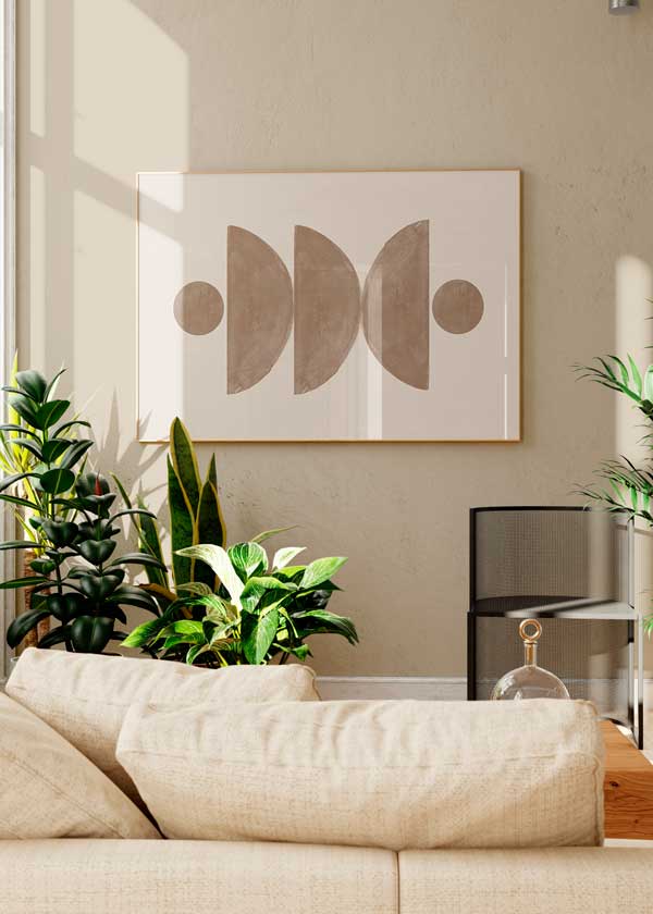 Tableau horizontal avec demi-cercles et cercles en beige, sable et brun taupe sur fond crème, dans un style géométrique bohème et contemporain. Disponible sur kudeko.com