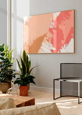 Cuadro horizontal abstracto de pinceladas en tonos cálidos: tierra, rojo y rosa.